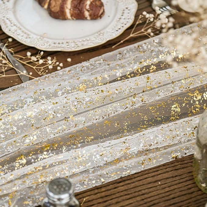 Artoid Mode Beige Gold Gauze Table Runner 120 Inch 10FT, Glitter Metallic Foil - Image 3