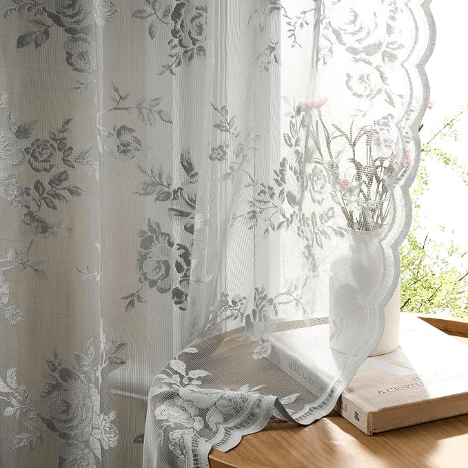 Gray Lace Curtains 96 Inches Long 2 Panels Grey Sheer Floral Curtains - Image 4