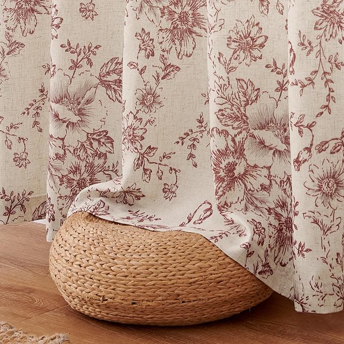 jinchan Red Floral Linen Curtains Lined 96 Inch Farmhouse Back Tab 2 Panels | - Image 8