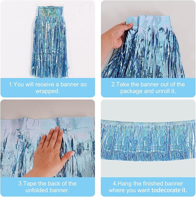 BEISHIDA Laser Light Blue Fringe Garland Banner Wall Tinsel Foil Streamers | - Image 3
