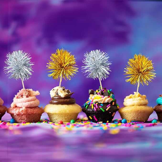 Gyufise 30Pcs Foil Firework Cupcake Toppers Sparkle Tinsel Cake Toppers Tinsel - Image 4