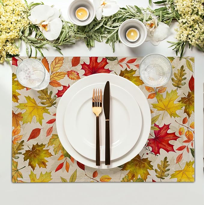 Fall Maple Leaves Placemats Set of 4 12x18 Inch Thanksgiving Autumn Colorful - Image 3