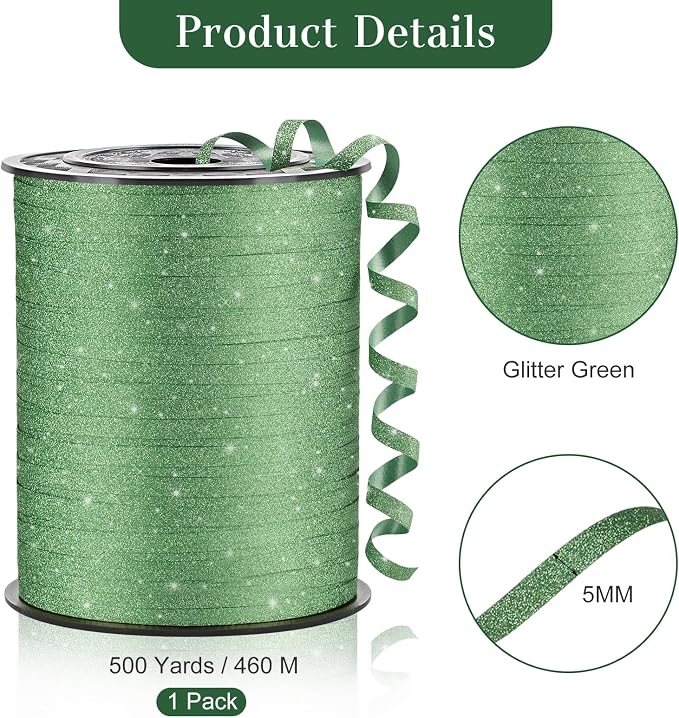 Green Curling Ribbon, 500 Yards, 1/5 Inch | Glitter, - Image 2