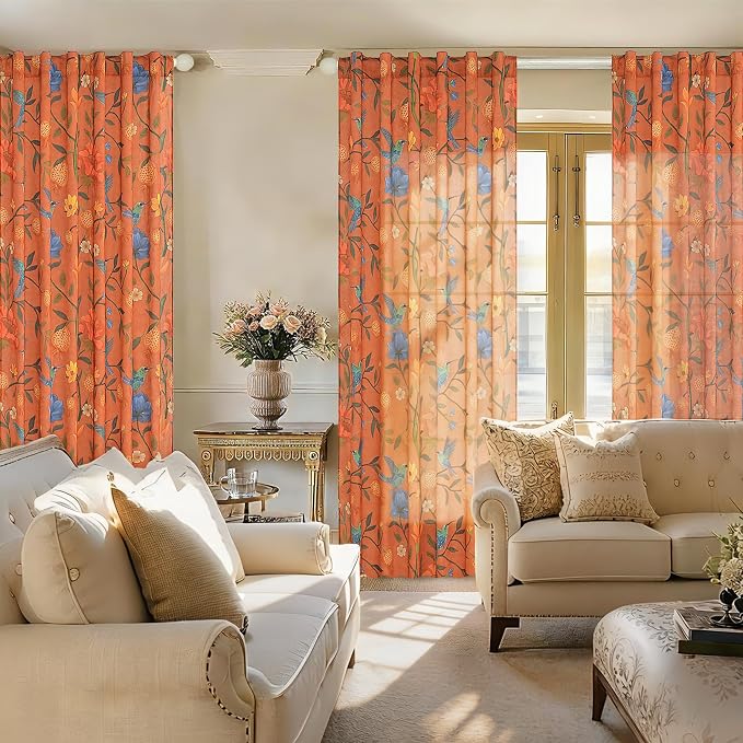 Orange Floral Linen Curtains, Boho Whimsical Bird Print Curtains - Image 4