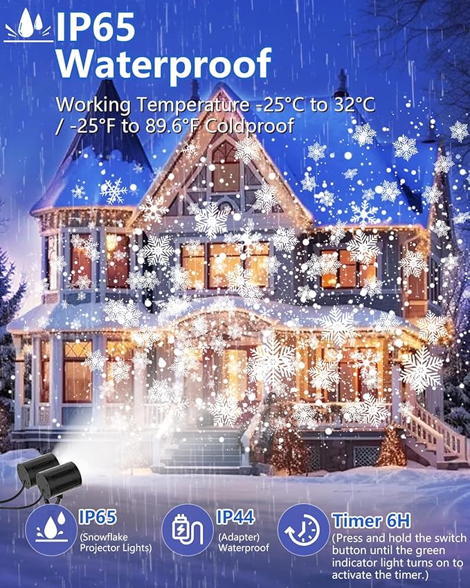 Christmas Projector Lights Outdoor, 2025 Upgraded Snowflake Double Head, 360° Rotating, IP65 Waterproof, Timer Function - Holiday, Party, Christmas Decorations & Gifts for Yard, Garden, Indoor