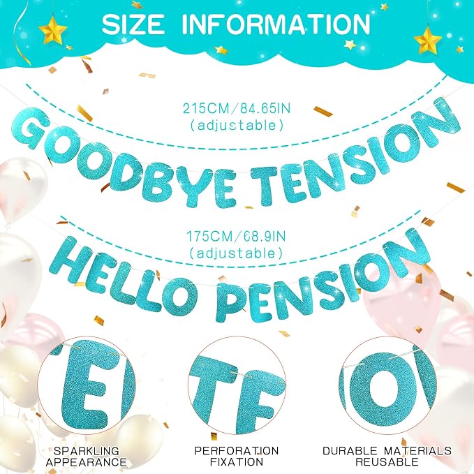 Retirement Banner Pre-Strung GOODBYE TENSION HELLO PENSION Banner Glitter - Image 2