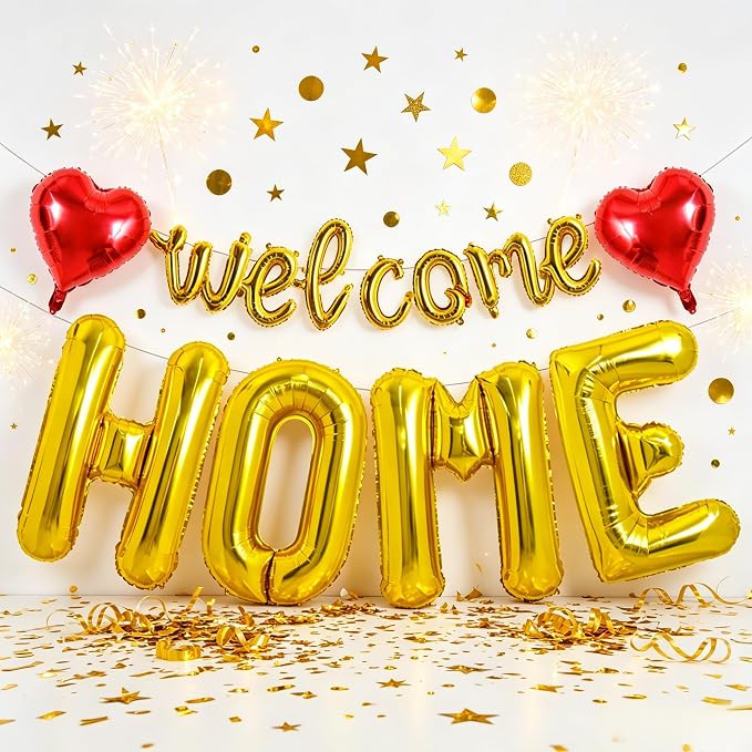TONIFUL 2 Size Gold WELCOME HOME Foil Balloons Banner Letter Decorations | by TONIFUL