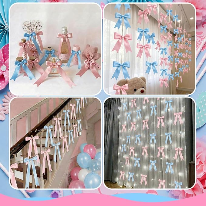 2 Strings Baby Pink & Blue Bow Garland Banner Decorations - Image 9