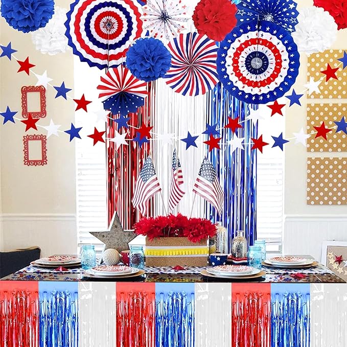 4 Pack 29x108 Inch Metallic Foil Fringe Tinsel Table Skirts for Rectangle Tables Streamer Backdrop for Wedding, Birthday, Parade Floats, Christmas, Halloween Party Decoration(White Blue Red)