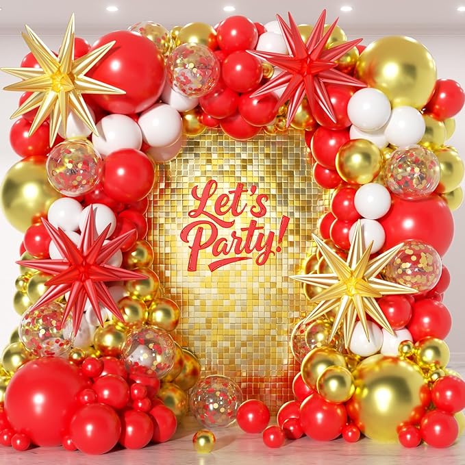 153Pcs Red and Gold White Balloons Garland Arch Kit by PTGOLUO