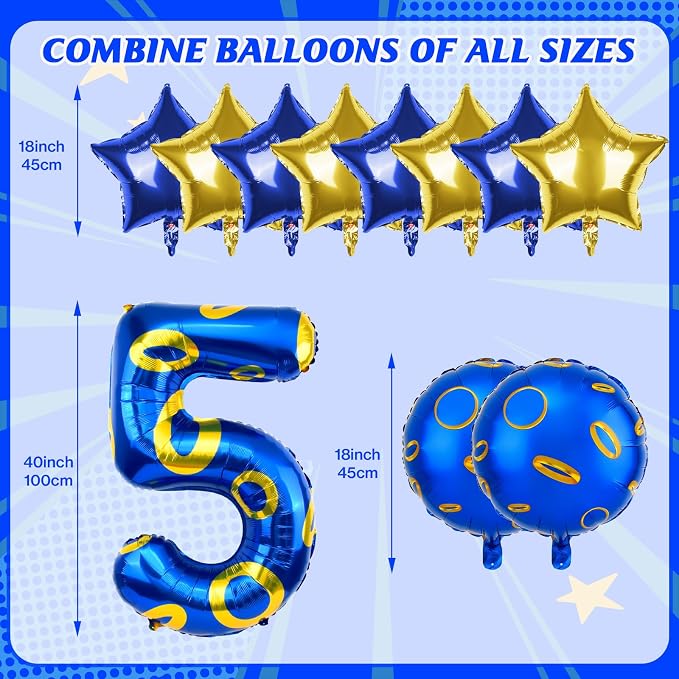 40 Inch Blue and Golden Ring Themed Number Balloon, Number Block Foil Number 5 - Image 2