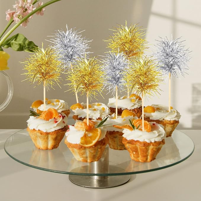 Chinco 100 Pcs Foil Firework Cupcake Toppers Gold and Silver Sparkle Tinsel - Image 4