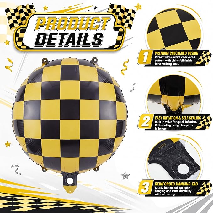 Gejoy 12 Pcs Checkered Foil Balloons Yellow White Plaid 18 Inch | Checkered - Image 3
