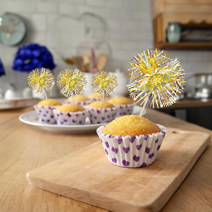 Gyufise 30Pcs Foil Firework Cupcake Toppers Sparkle Tinsel Cake Toppers Tinsel - Image 4