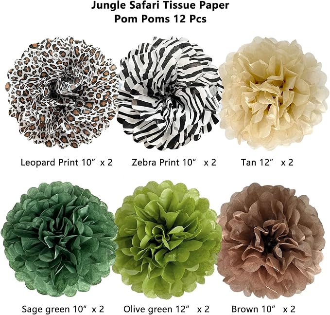 ANSOMO Jungle Safari Tissue Paper Pom Poms Wild Animal Leopard Zebra Print - Image 3