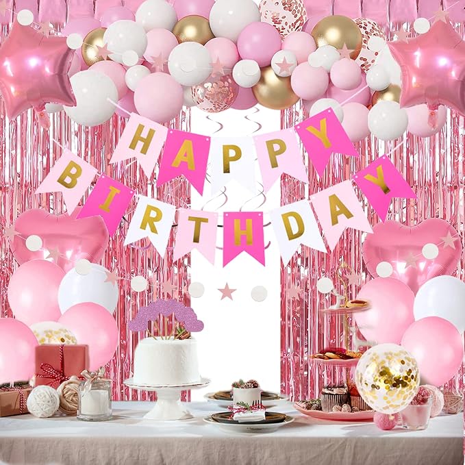 Pink Gold Birthday Party Decorations, Happy Birthday Banner, Heart Star Foil by HGH