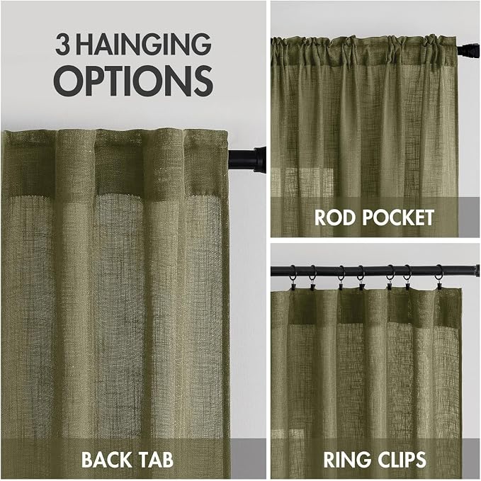 MIULEE Light Olive Green Linen Curtains 52x108 Inch 2 Panels - Image 3