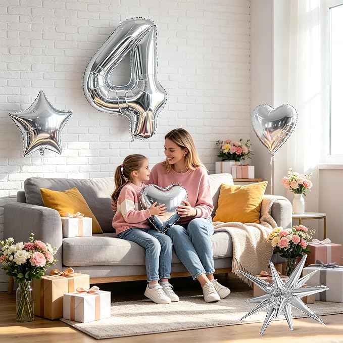 TONIFUL 4th Birthday Balloons Kit 40Inch Silver Large Number 4 Foil Balloon | - Image 4