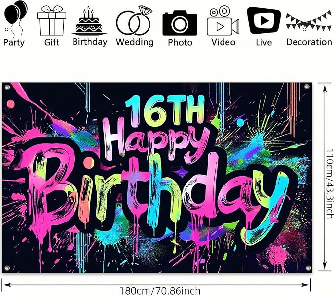 HOMETITUTE Happy 16th Birthday Decoration Banner 71x43 Inch | 16th Birthday - Image 3