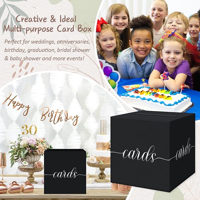 QIKSION Black Wedding Card Box, Silver Foil Gift Card Box for Party, Wedding Reception, Graduation, Birthday, Baby Shower, Raffle