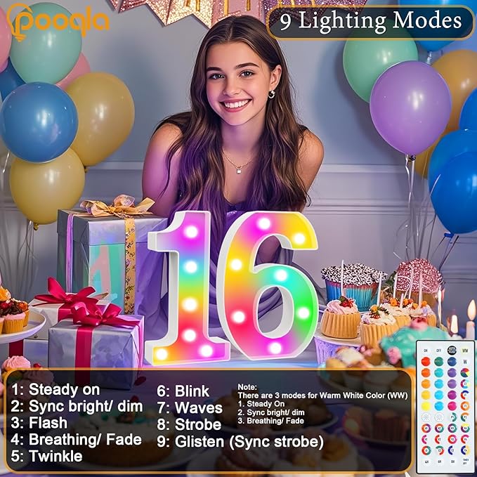 Pooqla Colorful Light Up Numbers, 35 Colors LED Marquee Number Lights for 1st Birthday Decorations with Remote, RGB Lighted Numbers Gift for Girls Boys for Party, Night Light, Room Decor, Number 1