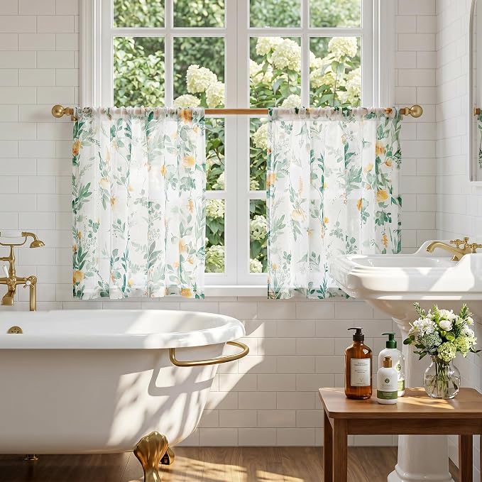 MYSKY HOME Green Floral Sheer Cafe Curtains 36 Inches Long - Image 2