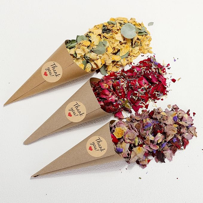 PATIKIL Dried Flower Confetti Cones, 30Pcs Paper Tapers Cone Holder with Dried Rose Petals / Sticker for Wedding Party Engagement Birthday DIY Decoration, Purple