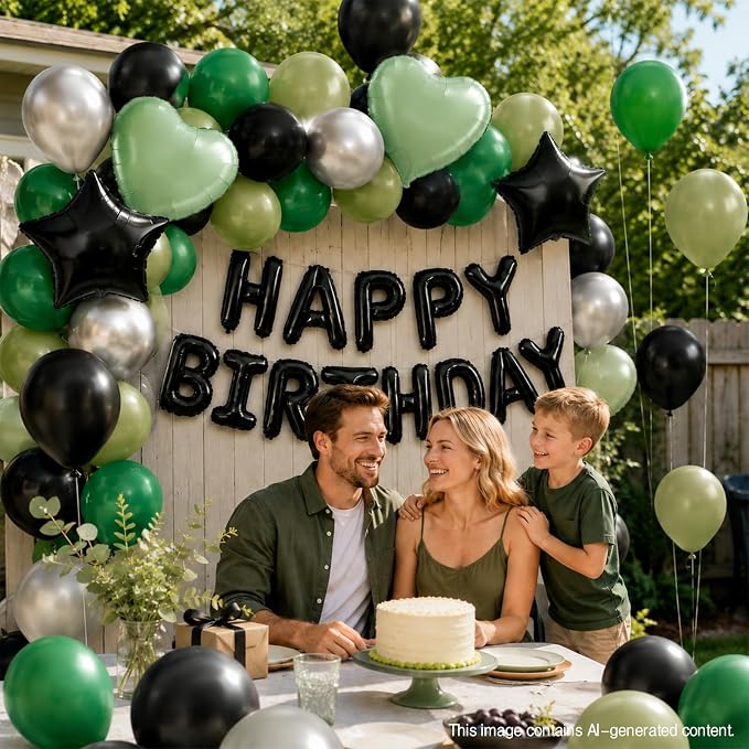 Black Green Birthday Decortions, Star Heart Foil Balloons - Image 6