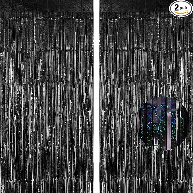 Black Tinsel Foil Fringe Curtain Backdrop, 3.3 x 8.2 ft Metallic Glitter by AIQINHU