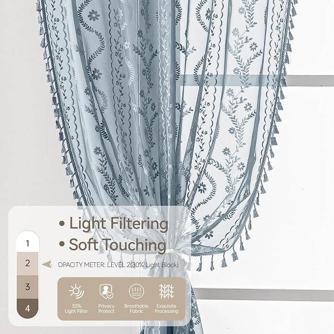 WAZZIO Boho Lace Curtains 2 Panels 84 Inch -Victorian Sheer Panel Drape French - Image 5