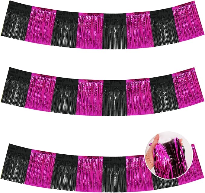 BEISHIDA Hot Pink Fringe Garland Banner 30ft Wall Tinsel Foil Streamers | 3Pack by Beishida