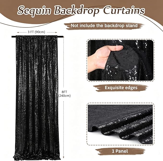 Black Sequin Backdrop Curtains-1 Panel 3FTx8FT Black Backdrop - Image 4