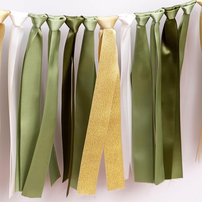 Sage Green and Gold Ribbon Tassel Garland Banner | Wild One Birthday Party - Image 7