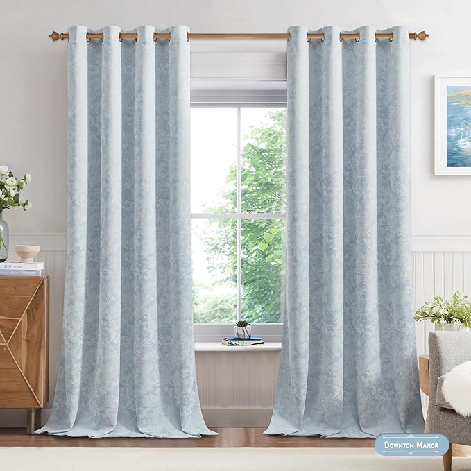 Beauoop Blue Floral Jacquard Blackout Curtains - Image 4
