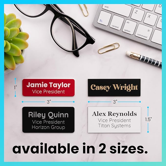 ExcelMark Custom Name Tag - Engraved Name Badge with Pin or Magnetic Backing, 16 Colors, 6 Fonts, and 2 Sizes to Choose from (Black w/White Letters, 1.5"x 3")