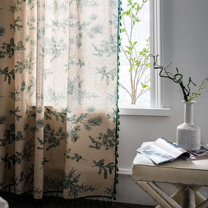 Boho Curtains with Tassel Bohemian Green Semi-Blackout Drapes 84 Inch Length - Image 4