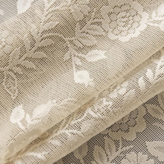 Beige Lace Curtains for Bedroom Rustic Leaf Floral 42 x 63 Inch 2 Panels | Rod - Image 7