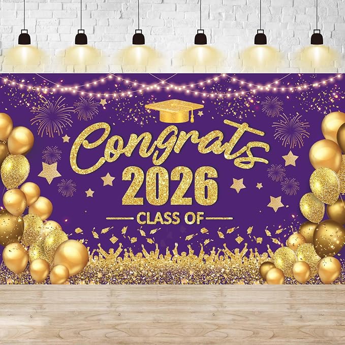 Purple and Gold Class of 2026 Banner Congrats Graduation Decorations by ONANNA