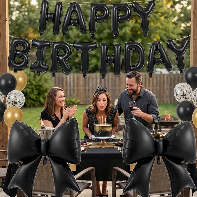 Vuzvuv Black Happy Birthday Balloons, 38 Inches Huge Bow Aluminum Foil Balloons - Image 4