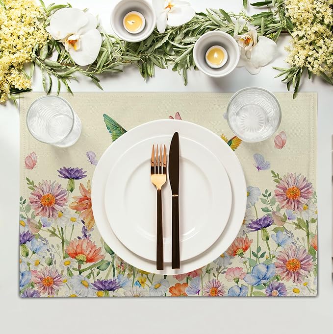 Flowers Bird Spring Summer Placemats Set of 4 Watercolor Floral Hummingbird - Image 3