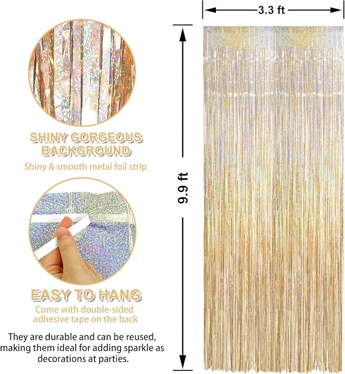 3 Pack 3.3 x 9.9 ft Holographic Champagne Gold Streamers Party Decorations | - Image 2