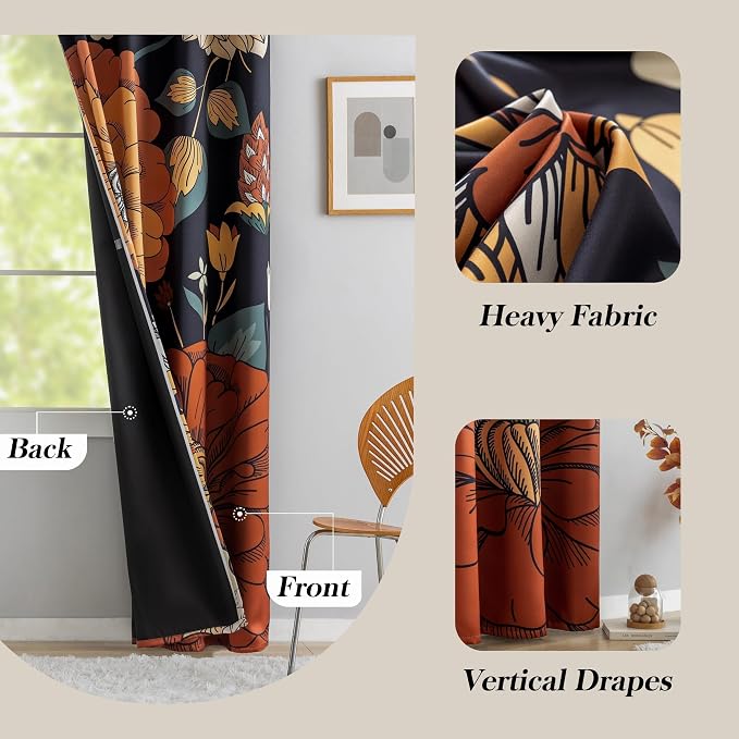 Tyrot Black Boho Floral 100% Blackout Curtains 54 Inch Long 2 Panels Mid - Image 6