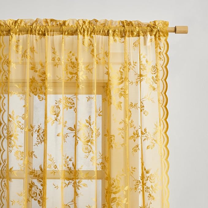 Golden Yellow Lace Curtains 84 Inches Long 2 Panels Country Flower Sheer - Image 4