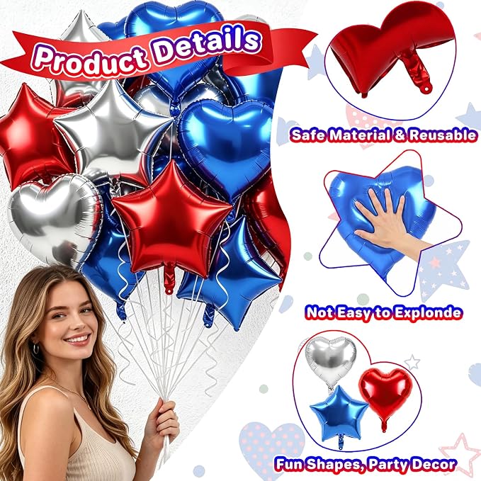 TONIFUL 18 Inch Blue Silver Red Star and Heart Foil Balloons - Image 4