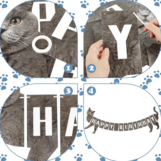 Cat Happy Birthday Banner Grey Cats Theme Party Decorations Cat Banner Bunting - Image 7
