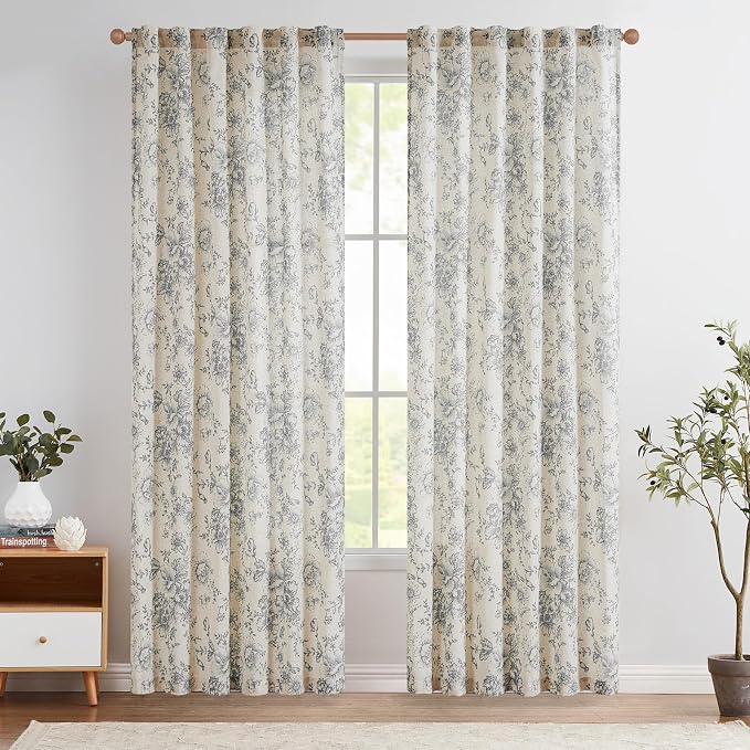 jinchan Grey Floral Linen Curtains 90 Inch Vintage Back Tab 2 Panels | Light - Image 2
