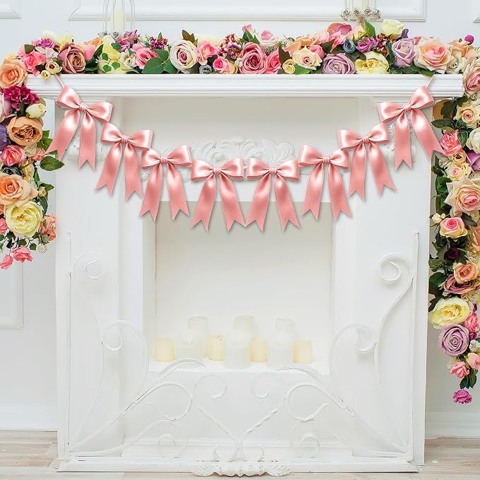 2 Strings of 16PCS Rose Gold Pink Bow Garlands Banner Decoration, Pre-Strung - Image 8