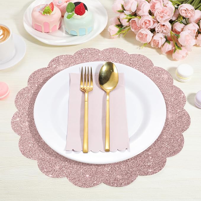 60 Pcs Rose Gold Glitter Paper Placemats, 13.5 Inch Scalloped Table Mats | - Image 3