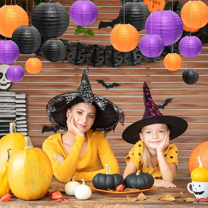 21Pcs Halloween Paper Lanterns, 4-10in Orange Black Purple, Hanging Decor | - Image 4