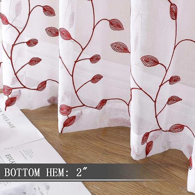 Tollpiz Leaves Short Sheer Tier Curtains Burgundy Red Leaf Embroidery Kitchen - Image 4